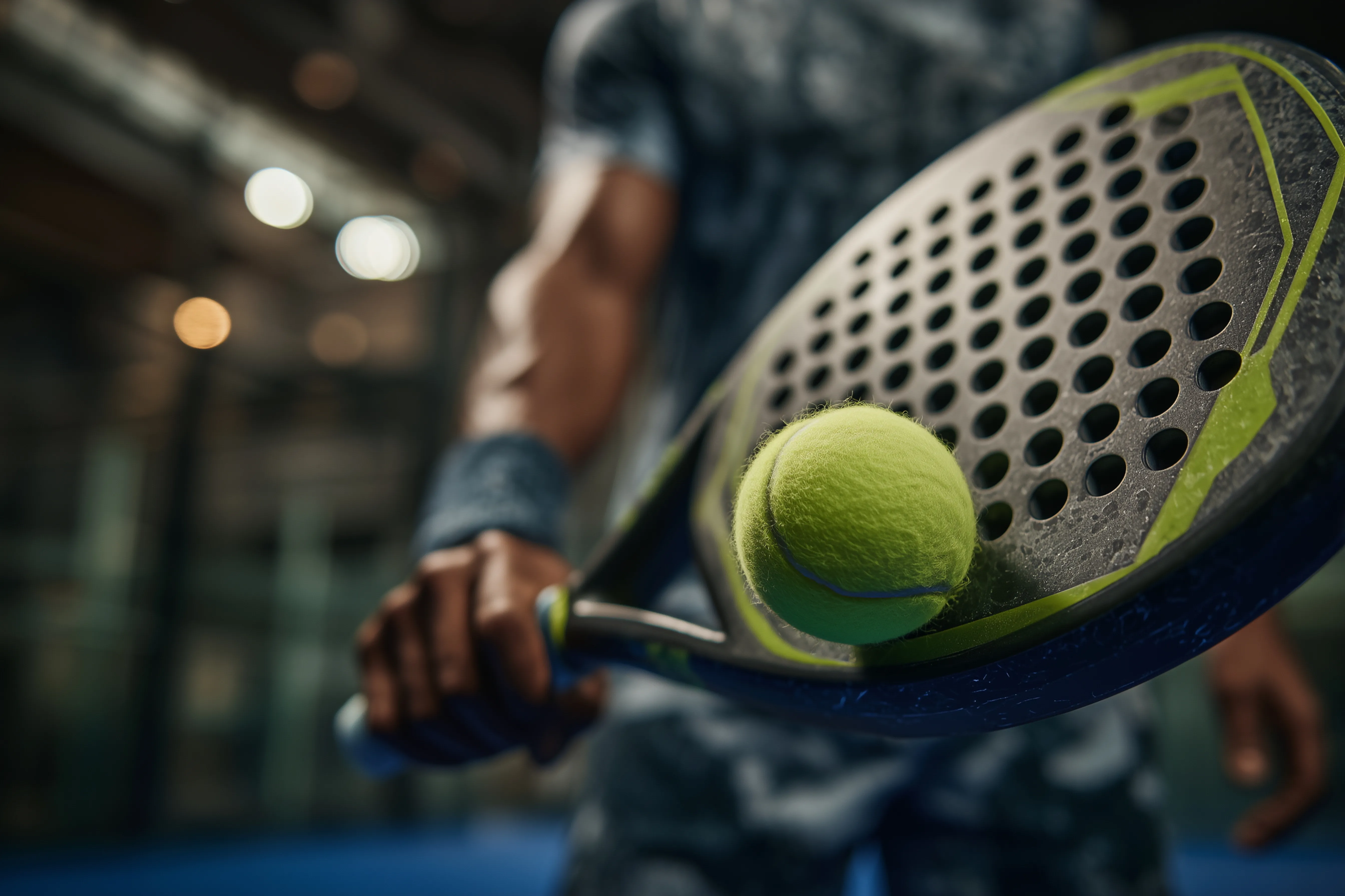 Joueur s'apprêtant à frapper une balle jaune avec une raquette de padel